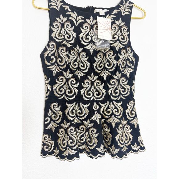 Boston Proper Gold & Black Brocade Damask Embroidery Embellish Peplum Top Size 0 - Picture 8 of 11